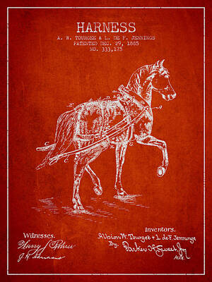 Animals Digital Art - Horse harness patent from 1885 - Red by Aged Pixel