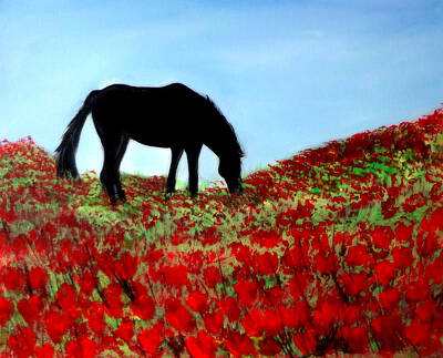 Everything Batman Royalty Free Images - Horse on a Ridge Eating Poppies Royalty-Free Image by Katy Hawk