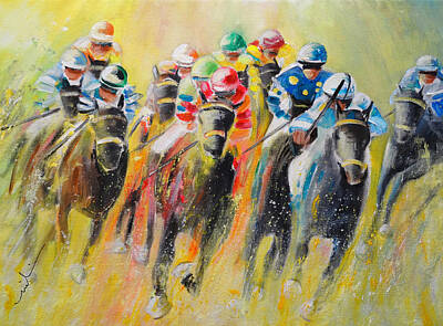 Popstar And Musician Paintings Royalty Free Images - Horse Racing 06 Royalty-Free Image by Miki De Goodaboom