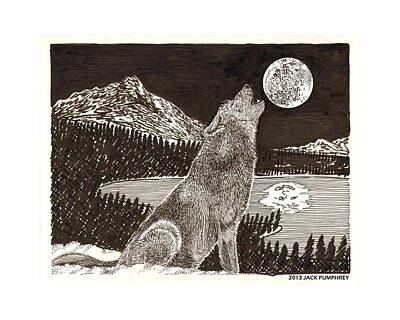 Recently Sold - Animals Drawings - Coyote Full Moon Howling by Jack Pumphrey