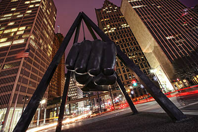 Thomas Kinkade Rights Managed Images - Joe Louis Fist Statue Detroit Michigan Night Time Shot Royalty-Free Image by Gordon Dean II