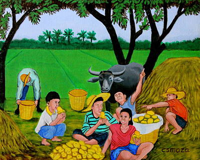 Food And Beverage Paintings - Kids Eating Mangoes by Cyril Maza