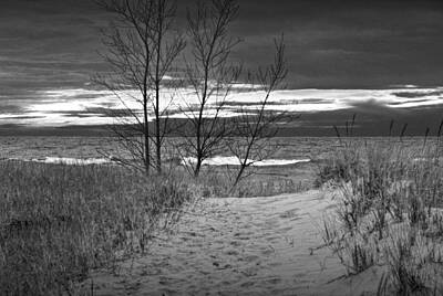 Randall Nyhof Photo Royalty Free Images - Lake Michigan Beach at Sunset in Black and White Royalty-Free Image by Randall Nyhof