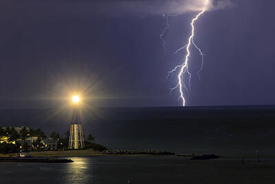 Animals Royalty-Free and Rights-Managed Images - Hillsboro Lighthouse Lightning Strike by Michael Wolf