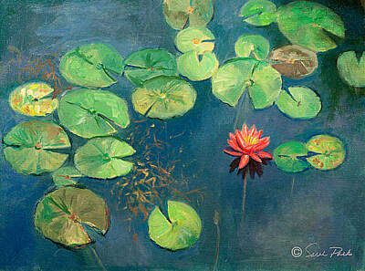 Lilies Paintings - Lily Pond with Pink Flower by Sarah Parks