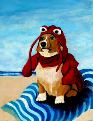 Beach Paintings - Lobster Corgi on the Beach by Katy Hawk