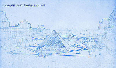 Best Sellers - Paris Skyline Royalty Free Images - Louvre and Paris Skyline  - BluePrint Drawing Royalty-Free Image by MotionAge Designs
