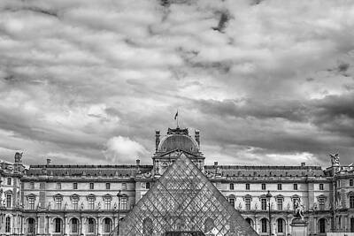Paris Skyline Royalty-Free and Rights-Managed Images - Louvre Paris in black and white by Georgia Clare