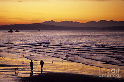 Albert Bierstadt - Low tide at Alki in West Seattle at sunset with silhouetted peop by Jim Corwin