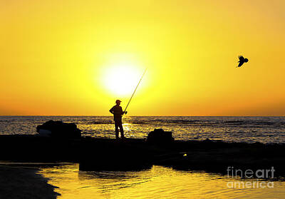 Southwest Landscape Paintings - Man man fishing at sunset by Ido Dromi