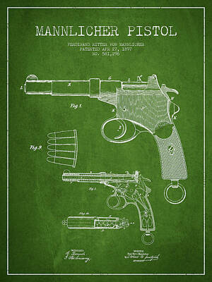 Colorful Pop Culture Royalty Free Images - Mannlicher Pistol Patent Drawing from 1897 - Green Royalty-Free Image by Aged Pixel