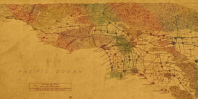 City Scenes Mixed Media Rights Managed Images - Map of Los Angeles Hand Drawn and Colored Schematic Illustration from 1916 on Worn Parchment Royalty-Free Image by Design Turnpike
