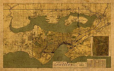 City Scenes Mixed Media Rights Managed Images - Map of Seattle Washington Vintage Old Street Cartography on Worn Distressed Parchment Royalty-Free Image by Design Turnpike