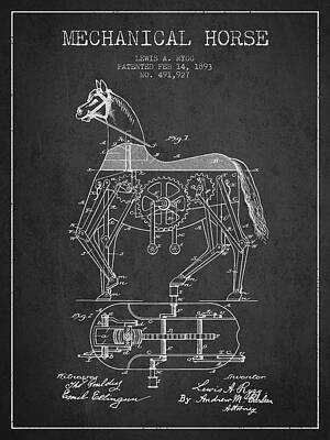Animals Digital Art Royalty Free Images - Mechanical Horse Patent Drawing From 1893 - Dark Royalty-Free Image by Aged Pixel