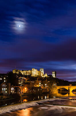 Modern Movie Posters Royalty Free Images - Moon above Durham City at Dusk Royalty-Free Image by David Head
