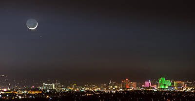 Fantasy Royalty-Free and Rights-Managed Images - Reno Downtown New Years Moonset Pano by Janis Knight