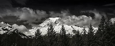 Mountain Royalty-Free and Rights-Managed Images - Mt Rainier Panorama B W by Steve Gadomski