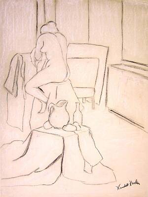 Still Life Drawings - Nude holding her Shirt by Kendall Kessler
