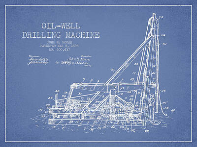 Brian Kesinger Steam Punk Illustrations - Oil Well drilling Machine Patent from 1898 - Light Blue by Aged Pixel