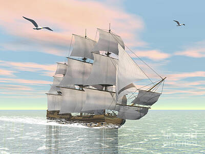 Beach Digital Art - Old Merchant Ship Sailing In The Ocean by Elena Duvernay