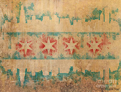 Best Sellers - City Scenes Digital Art - Old World Chicago Flag by Mike Maher