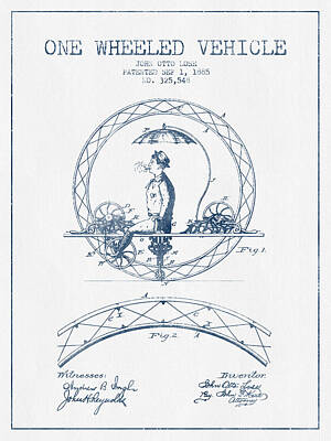 Transportation Digital Art - One Wheeled Vehicle Patent Drawing from 1885 - Blue Ink by Aged Pixel