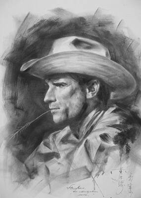 Art History Meets Fashion - Original Drawing Sketch Charcoal Chalk  Gay Man Portrait Of Cowboy Art Pencil On Paper By Hongtao  by Hongtao Huang
