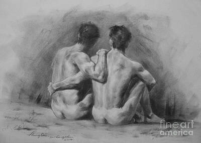 Nudes Paintings - Original Drawing Sketch Charcoal Chalk Male Nude Gay Man Art Pencil On Paper By Hongtao by Hongtao Huang