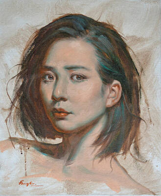 Blue Hues - Original Impression Oil Painting Art Portrait Of Chinese Girl On Canvas by Hongtao Huang