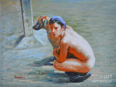 Car Photos Douglas Pittman - Original Impression Oil Painting Gay Man Body Art- Male Nude And Dog-020 by Hongtao Huang