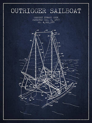 Transportation Digital Art - Outrigger Sailboat patent from 1977 - Navy Blue by Aged Pixel