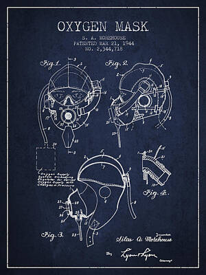 Transportation Digital Art Royalty Free Images - Oxygen Mask Patent from 1944 - Navy Blue Royalty-Free Image by Aged Pixel