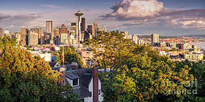 Nighttime Street Photography - Panorama of Downtown Seattle and Space Needle from Kerry Park - Seattle Washington State by Silvio Ligutti