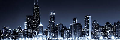 Skylines Rights Managed Images - Panoramic Chicago Skyline at Night Blue Tone Royalty-Free Image by Paul Velgos