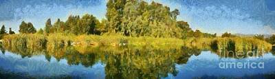 Birds Painting Rights Managed Images - Panoramic painting of ducks lake Royalty-Free Image by George Atsametakis
