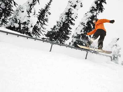 Sports Royalty-Free and Rights-Managed Images - Person Snowboarding On A Railing by Leah Hammond