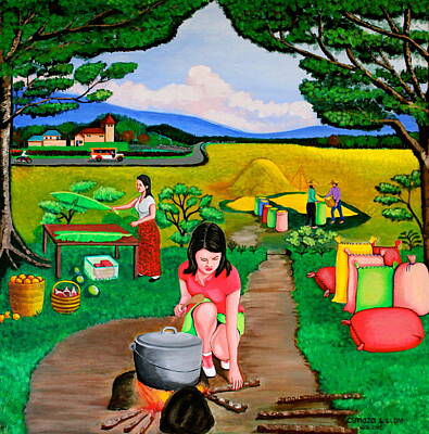 Mountain Paintings - Picnic with the Farmers by Lorna Maza