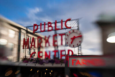 Impressionist Landscapes Rights Managed Images - Pike Place Public Market Neon Sign Royalty-Free Image by Scott Campbell