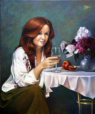 Wine Paintings - Portrait of Nadia with Peonies and Peaches by Patrick Anthony Pierson
