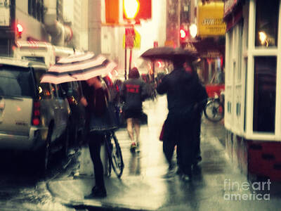 Anchor Down - Rainy Corner with Pink Striped Umbrella - New York City by Miriam Danar