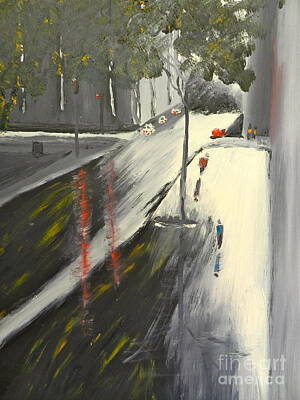 Longhorn Paintings - Rainy Street in Melbourne by Pamela  Meredith