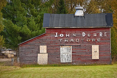 Vintage Pink Cadillac - Red Barn with John Deere Tractor Sign by Randall Nyhof