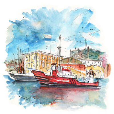 Impressionism Drawings - Red Boat in Cartagena Harbour by Miki De Goodaboom