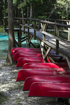 Black And White Beach - Red Canoes by Lynn Palmer