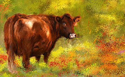 Royalty-Free and Rights-Managed Images - Red Devon Cattle - Red Devon Cattle in a Farm Scene- Cow Art by Lourry Legarde