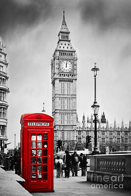 Landmarks Photos - Red telephone booth and Big Ben in London by Michal Bednarek