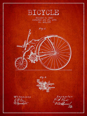 Transportation Digital Art - Reed Bicycle Patent Drawing From 1890 - Red by Aged Pixel
