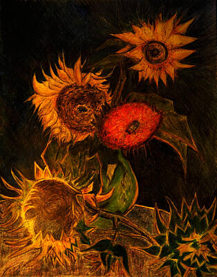 Best Sellers - Still Life Drawings - Replica of Vincent Van Gogh Still Life Vase with Five Sunflowers by Jose A Gonzalez Jr