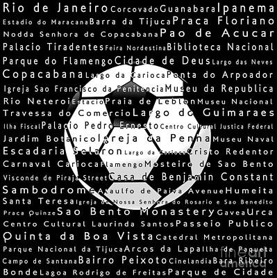 Sports Digital Art Royalty Free Images - Rio de Janeiro in Words Black Soccer Royalty-Free Image by Sabine Jacobs