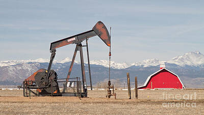 James Bo Insogna Royalty-Free and Rights-Managed Images - Rocky Mountains Oil Well and Red Barn Panorama by James BO Insogna